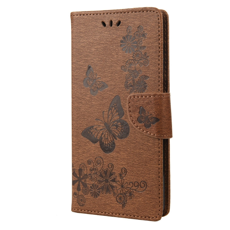 Brown embossed butterfly leather flip phone wallet case with side latch