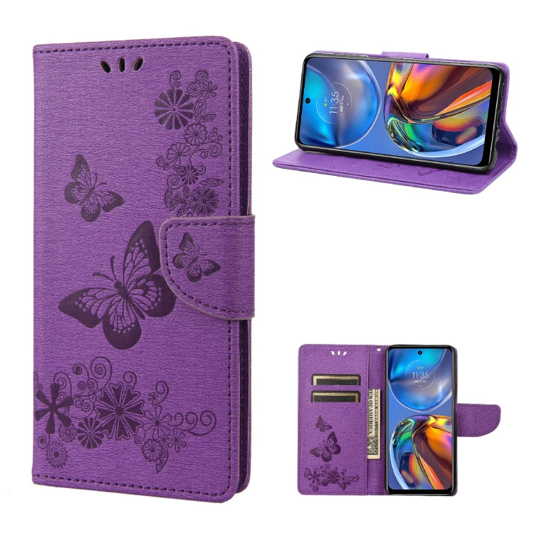 Purple embossed butterfly leather flip phone wallet case with card slots and stand