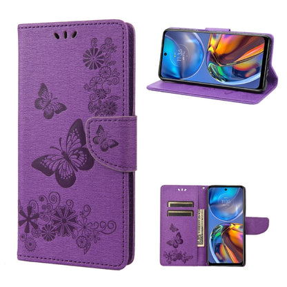Purple embossed butterfly leather flip phone wallet case with card slots and stand