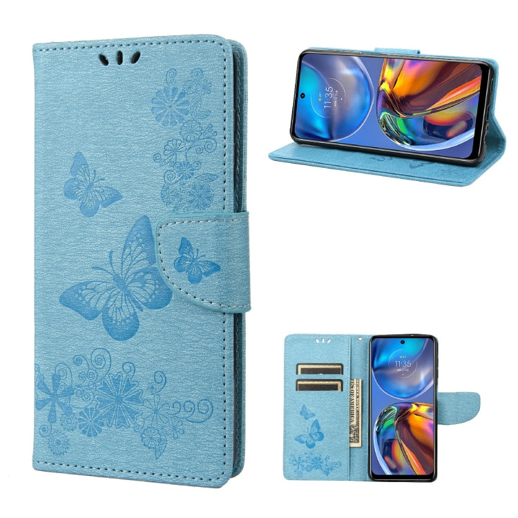 Blue embossed butterfly leather flip phone wallet case with card slots and stand