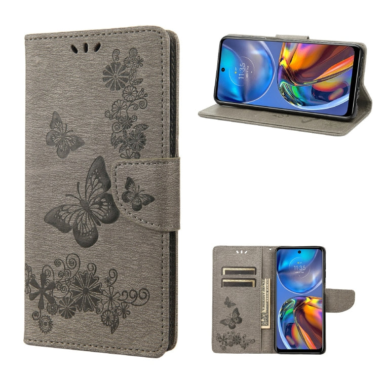 Gray embossed butterfly leather flip phone wallet case with card slots and stand