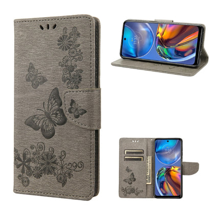 Gray embossed butterfly leather flip phone wallet case with card slots and stand