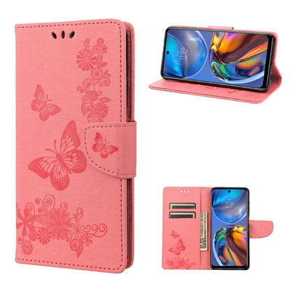 Pink embossed butterfly leather flip phone wallet case with side latch and stand