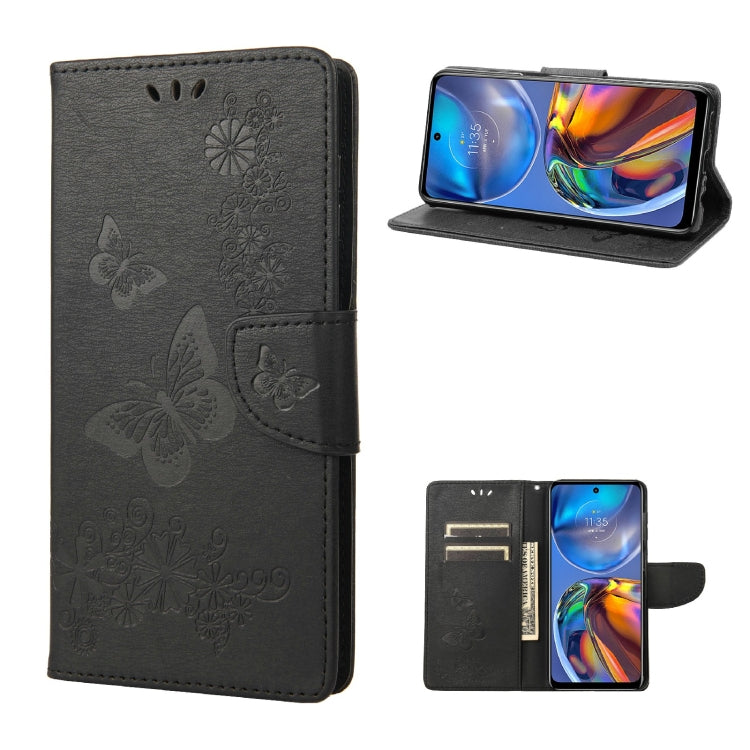 Black embossed butterfly flip leather phone case with side card slots and stand view