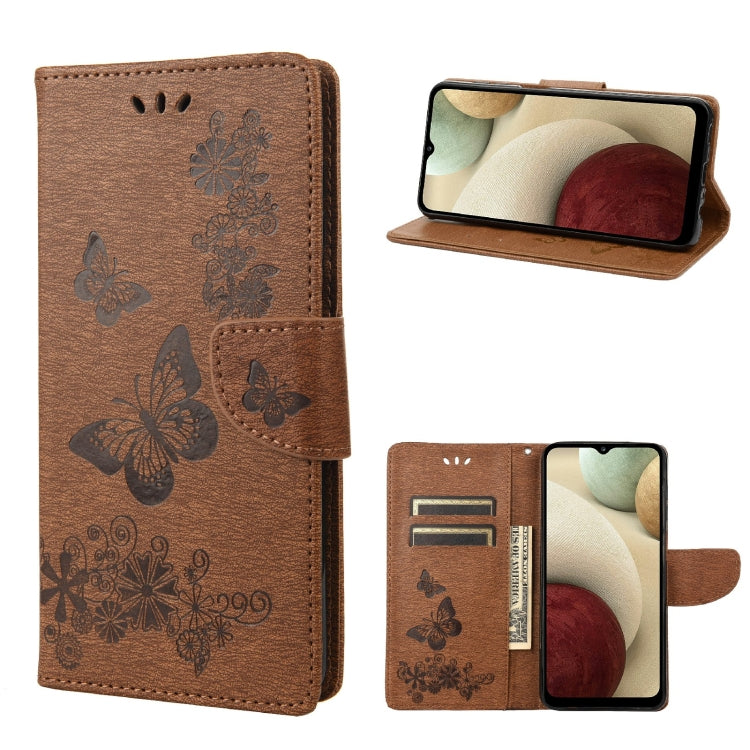 Brown embossed butterfly flip leather phone case with side card slots and stand view