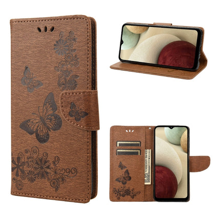 Brown embossed butterfly flip leather phone case with side card slots and stand view