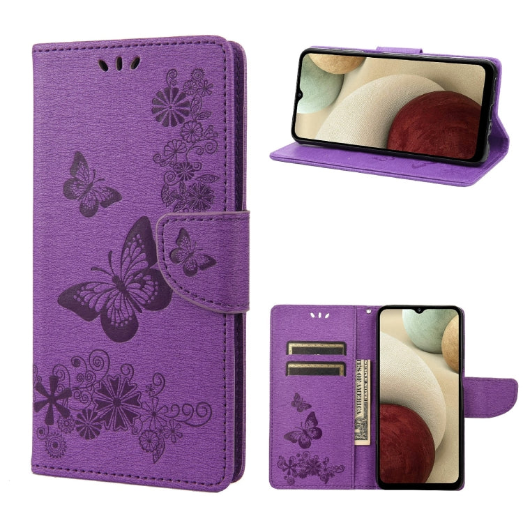 Purple embossed butterfly flip leather phone case with side card slots and stand view