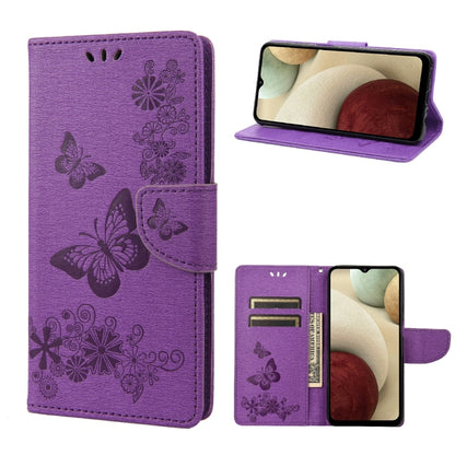 Purple embossed butterfly flip leather phone case with side card slots and stand view