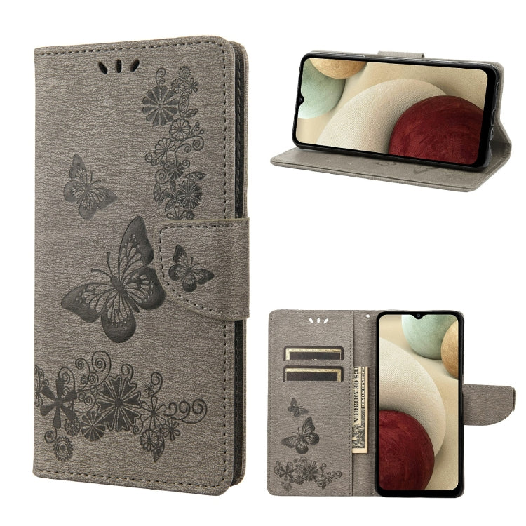 Dark gray embossed butterfly flip leather phone case with side card slots and stand view