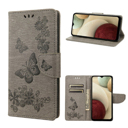 Dark gray embossed butterfly flip leather phone case with side card slots and stand view