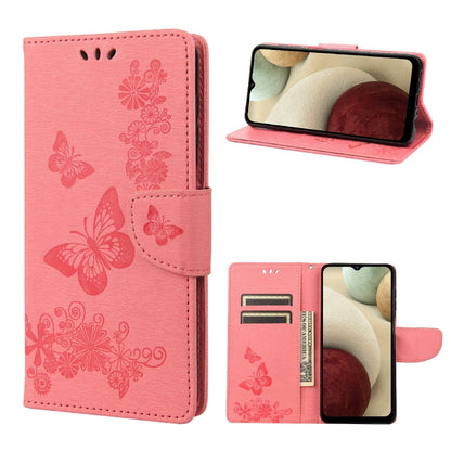 Raspberry pink embossed butterfly flip leather phone case with side card slots and stand view