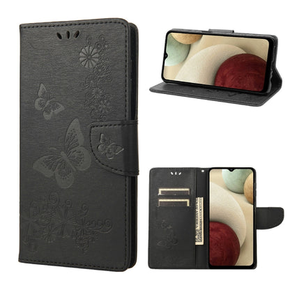 Black embossed butterfly flip leather phone case with side card slots and stand view