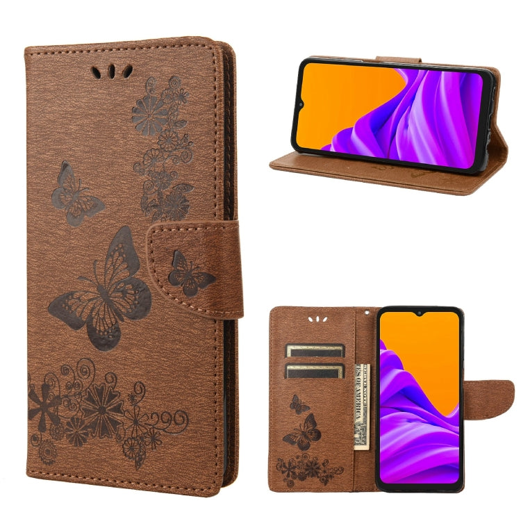 Brown embossed butterfly flip leather phone case with side card slots and stand view