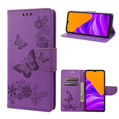 Purple embossed butterfly flip phone case with magnetic side strap