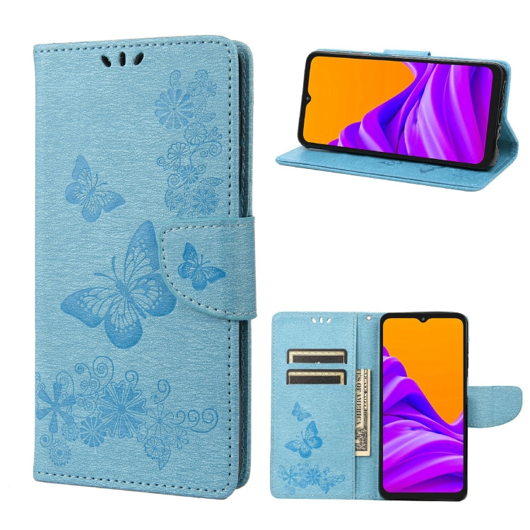 Blue embossed butterfly flip phone case with magnetic side strap
