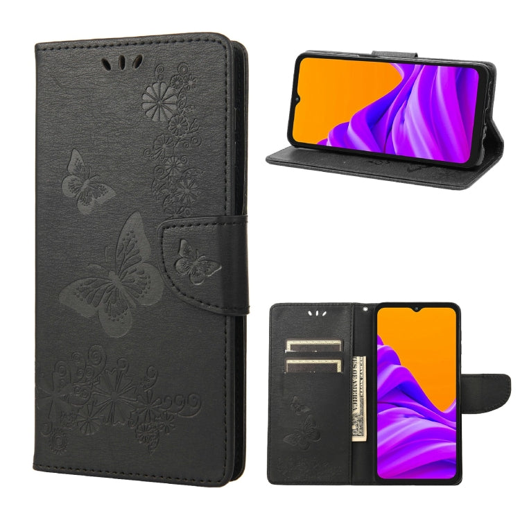 Black embossed butterfly flip phone case with magnetic side strap