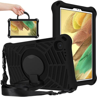 Black rugged EVA tablet case with rotating kickstand and shoulder strap