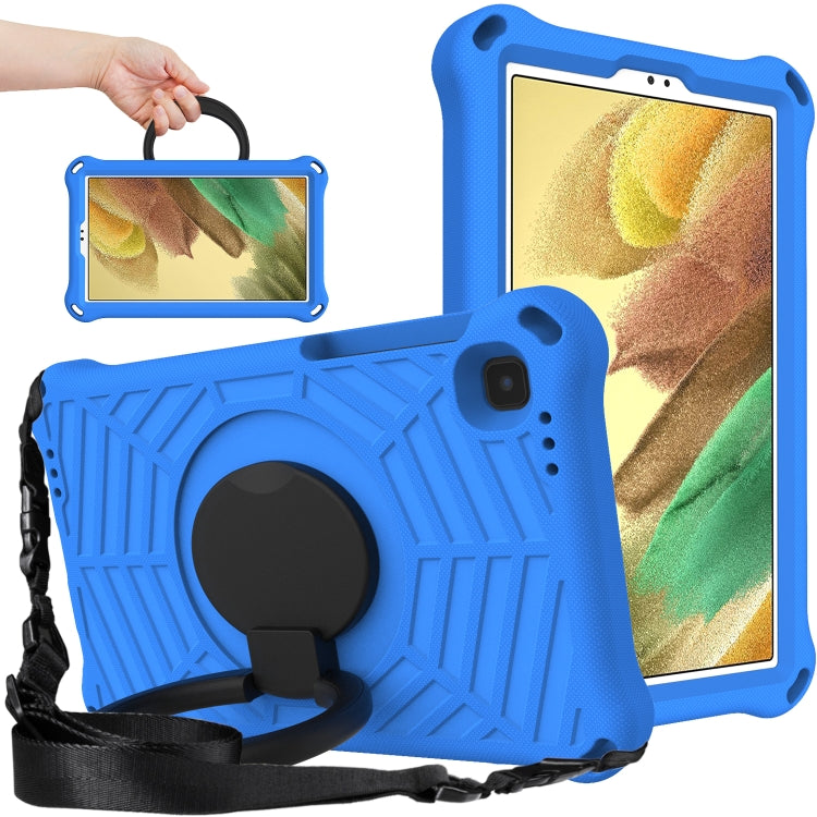 Blue rugged EVA tablet case with circular kickstand and shoulder strap