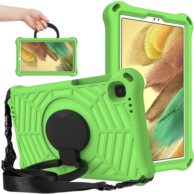 Rugged EVA tablet case in green with rotating shoulder strap and circular stand