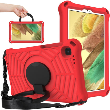 Rugged EVA tablet case in red with rotating shoulder strap and circular stand