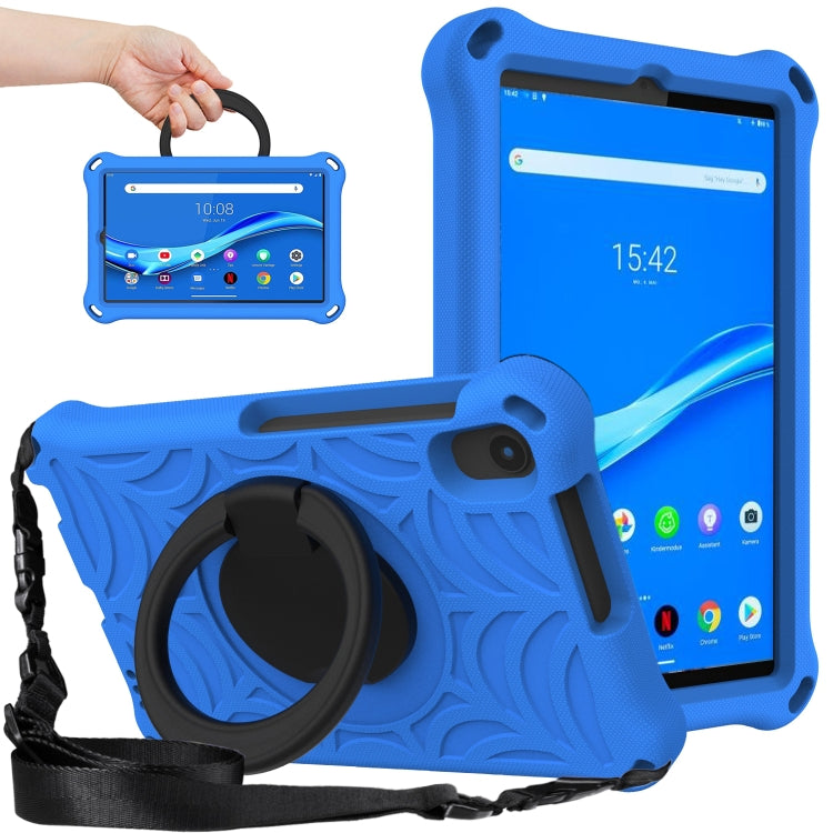Rugged EVA tablet case in blue with rotating shoulder strap and circular stand