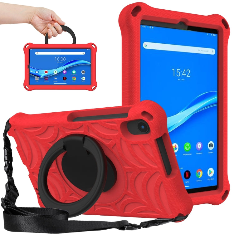 Rugged EVA tablet case in bright red with rotating shoulder strap and circular stand