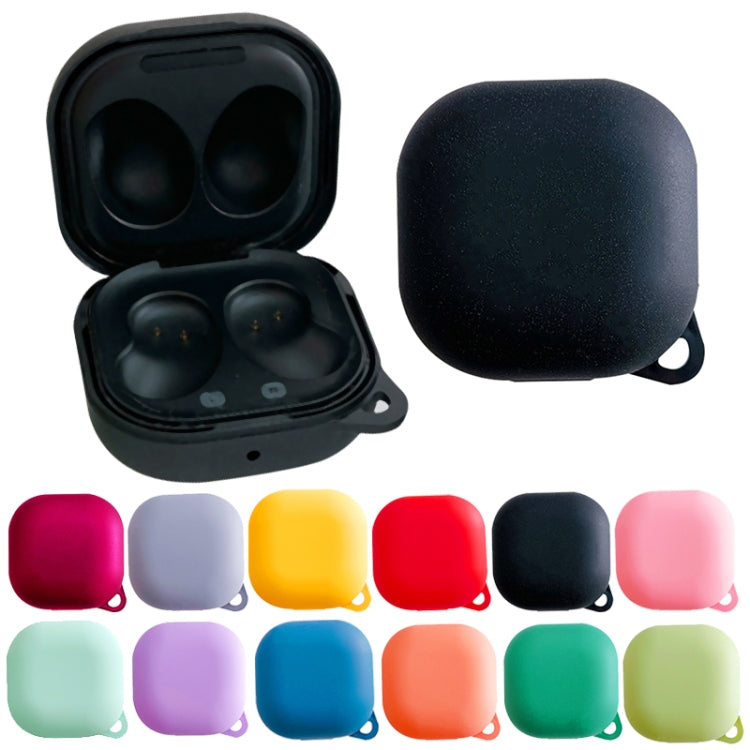 Black frosted earphone case open to show charging cavity and black earbuds