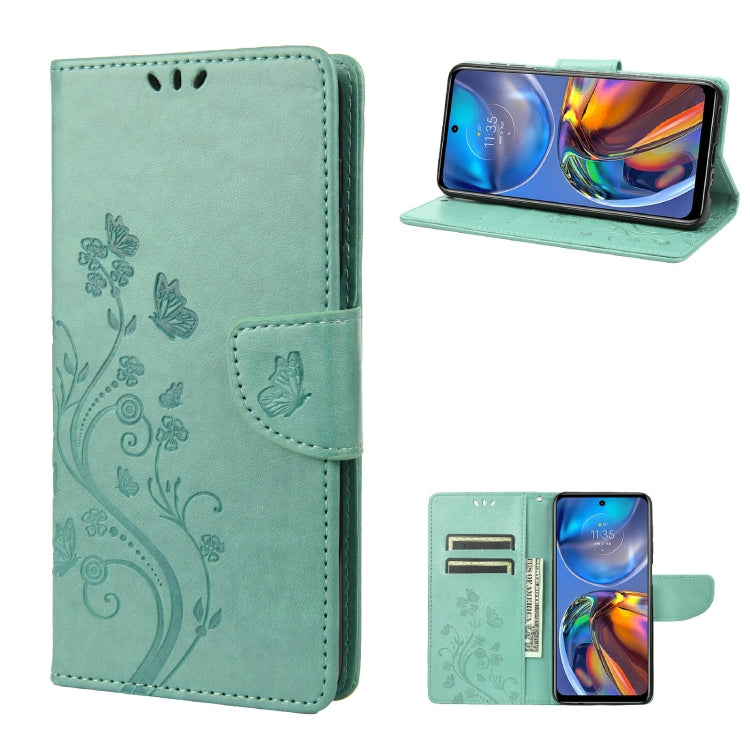 Green leather flip phone case with butterfly-flower pattern, card slot and stand holder.