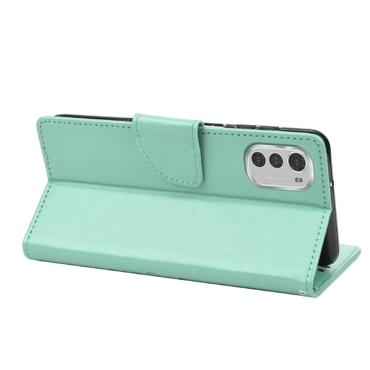 Green leather flip phone case wallet style with card holder and kickstand strap.