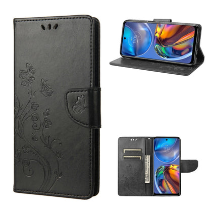 Black leather flip phone case with butterfly-flower pattern, card slot and stand holder.