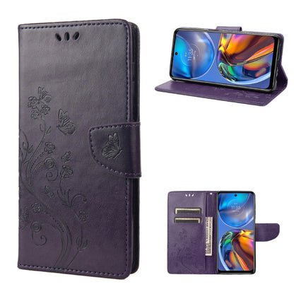 Dark purple leather flip phone case with butterfly-flower pattern, card slot and stand holder.