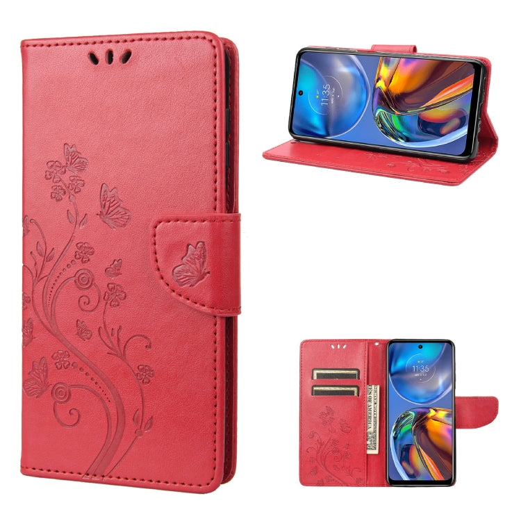 Red leather flip phone case with butterfly-flower pattern, card slot and stand holder.