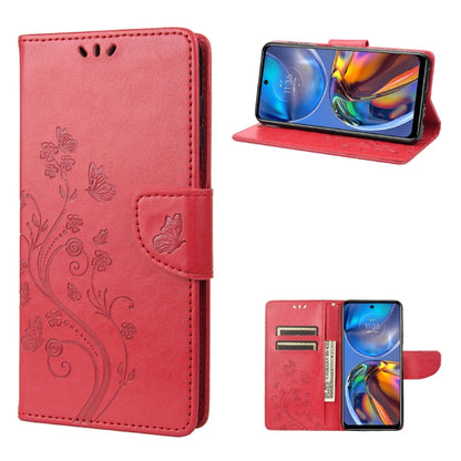 Red leather flip phone case with butterfly-flower pattern, card slot and stand holder.