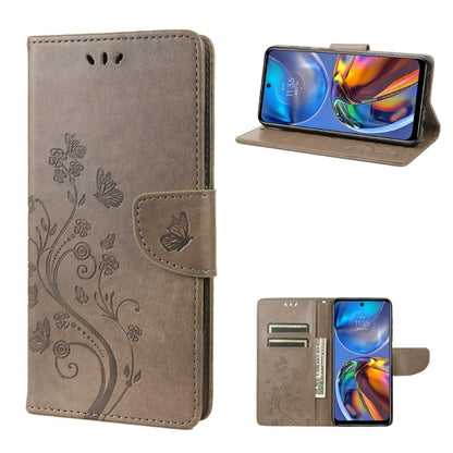 Grey leather flip phone case with butterfly floral pattern and card slot, side and stand views