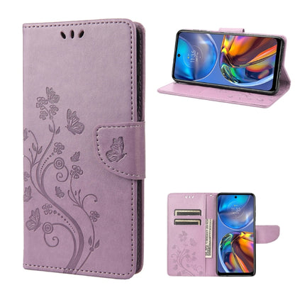 Light purple leather flip phone case with butterfly floral pattern and card slot, stand view