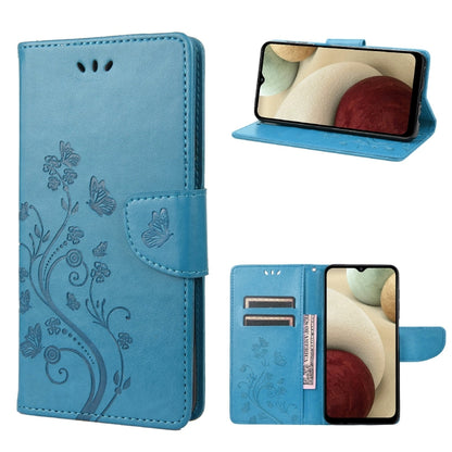 Blue leather flip phone case with butterfly floral pattern and card slot, stand view