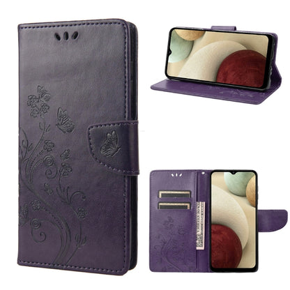 Dark purple leather flip phone case with butterfly floral pattern and card slot, stand view