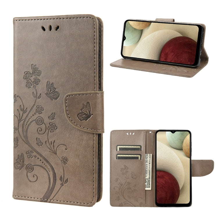Grey leather flip phone case with butterfly floral pattern and card slot, front and stand views