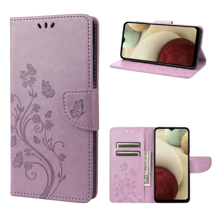 Lavender leather-style phone case with butterfly floral pattern, flip cover, and card slot