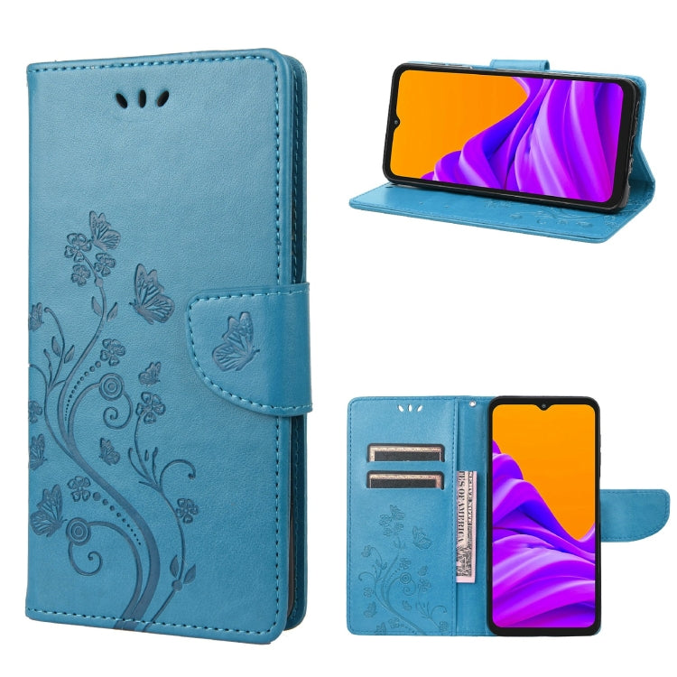 Light blue leather-style phone case with butterfly floral pattern, flip cover, and card slot