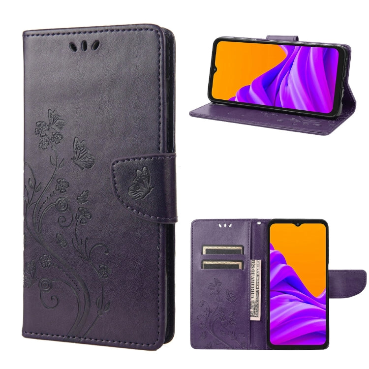 Purple leather-style phone case with butterfly floral pattern, flip cover, and card slot