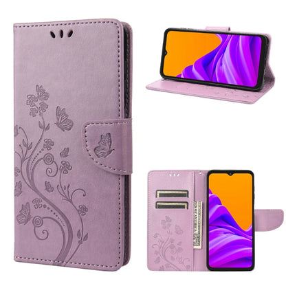 Lavender leather-style phone case with butterfly floral pattern, flip cover, and card slot