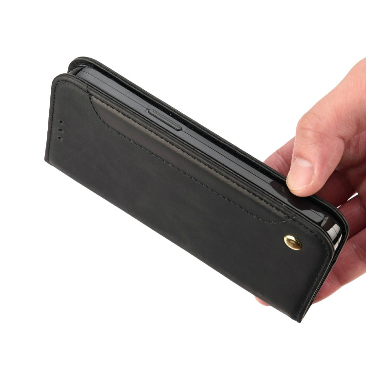 Black leather flip phone case with side button opening and stitched edge