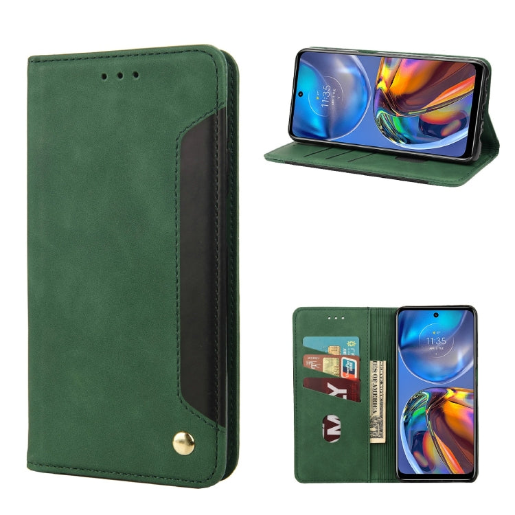 Green folio leather phone case with card slots and kickstand, gold button closure