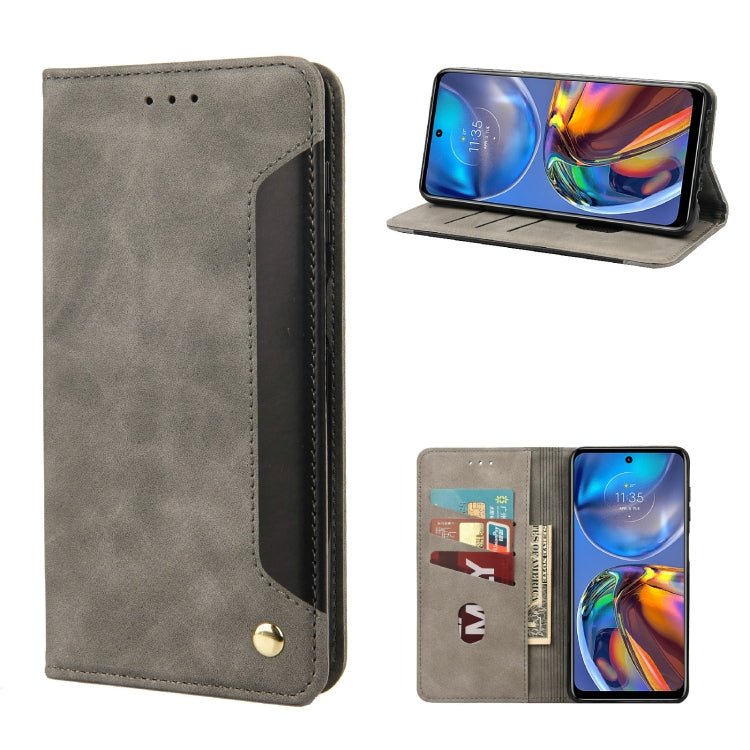 Grey folio leather phone case with card slots and kickstand, gold button closure