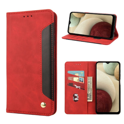 Red folio leather phone case with card slots and kickstand, gold button closure
