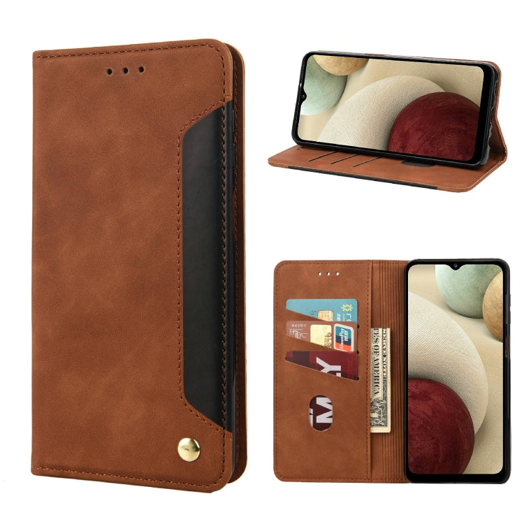 Brown folio leather phone case with card slots and kickstand, gold button closure