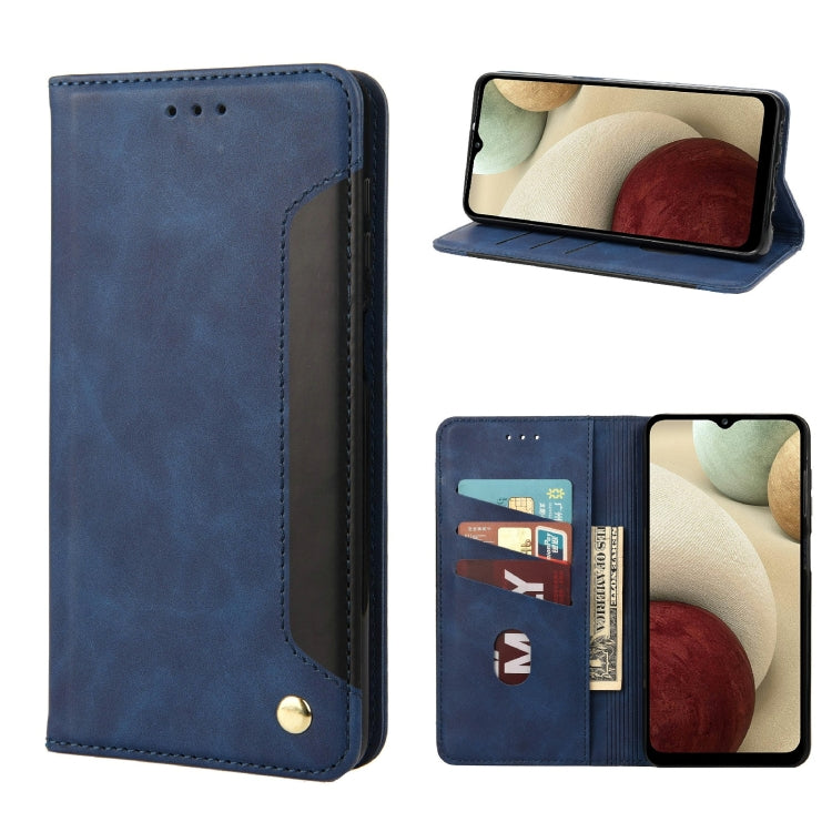 Blue folio leather phone case with card slots and kickstand, gold button closure