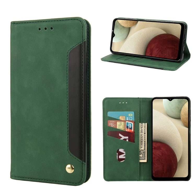 Green folio leather phone case with card slots and kickstand, gold button closure
