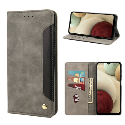 Grey folio leather phone case with card slots and kickstand, gold button closure
